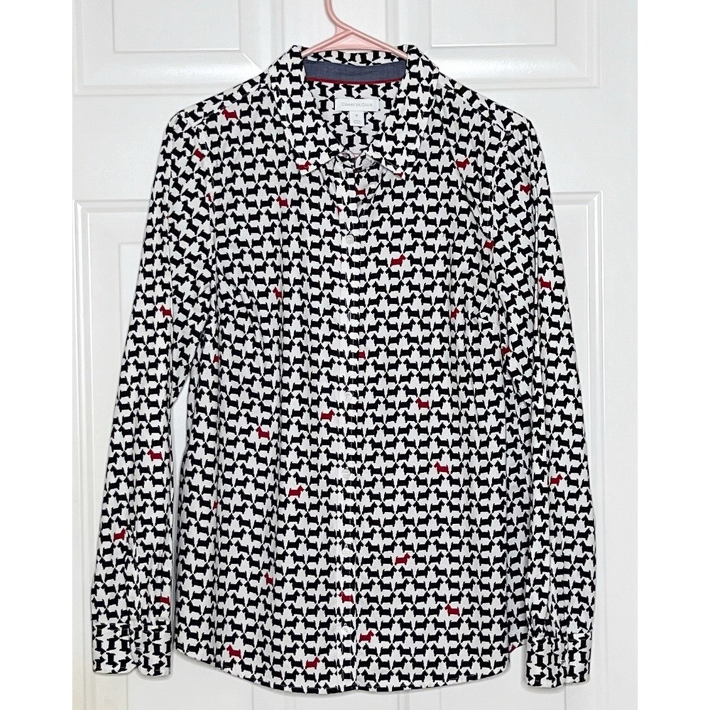 Charter Club Womens Long Sleeve Button Down Shirt Black White Dog Print Size M